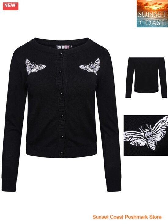 Sweaters - Gothic Death Moth Embroidered Knit Cardigan Long Sleeve Round Neck